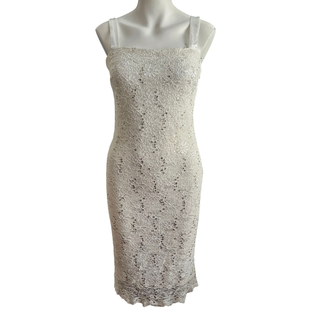 R & M Richards White Sequined Lace‎ Midi Dress Size 6